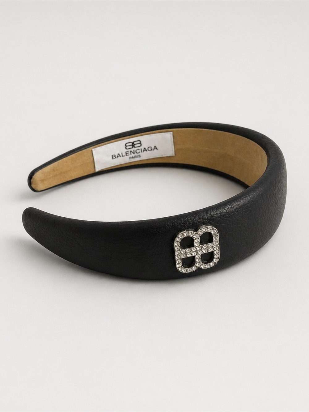 Balenciaga Black Leather Padded Headband with Crystal BB Emblem